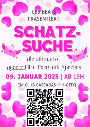 Flyer-DinA6-Schatzsuche-vorn- Flirtparty am 9.1.25, © Denise Lau